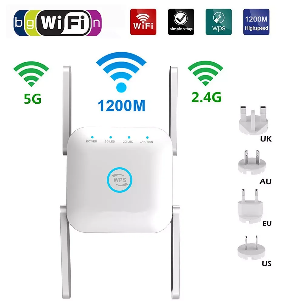 

2.4G/5G WiFi Repeater Router Amplifier Long Range Extender 1200M/300Mbps Wireless Booster Home Wi-Fi Signal AP WPS Eesy Setup
