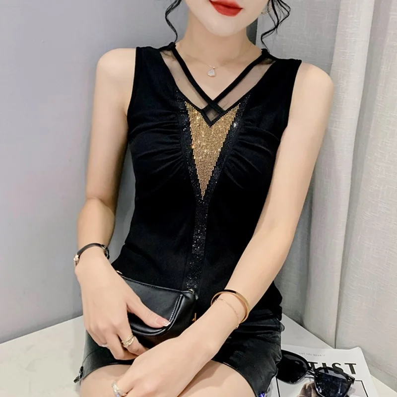 

#5337 Black Blue Short Sleeveless T Shirt Women V-neck Hollow Out Shiny Diamonds Tight Sexy Club Mesh Tshirt Femme Elastic Tee