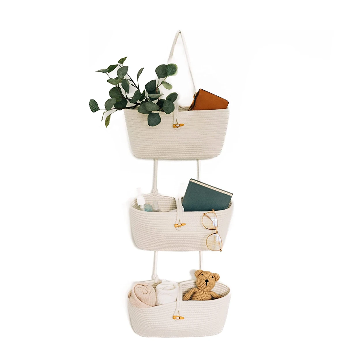 

Rope over the Door Basket 3-Tier Wall Hanging Basket for Storage over Door Organizer Hanging Baskets for Room - White