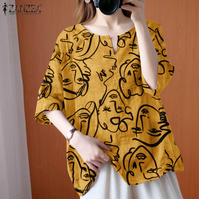 

2022 Oversize ZANZEA Casual Loose Blusa Femininas Women Vintage Retro Printed Blouse Chemise Spring Summer Half Sleeve Top Tunic