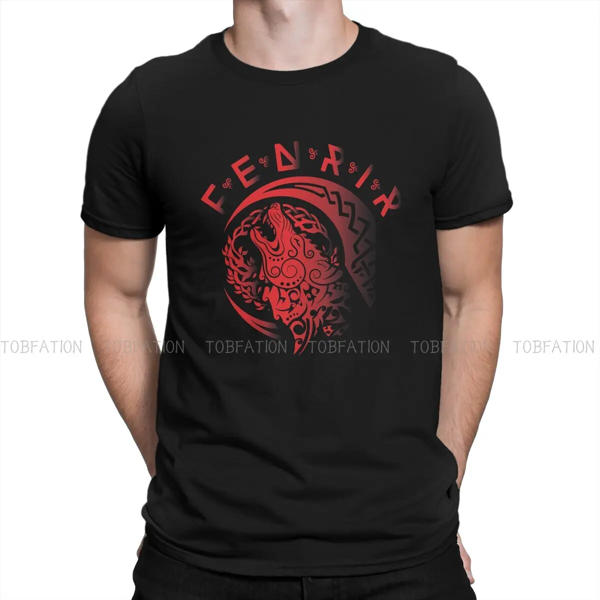 

Viking Fenriswolf Fenrir Red Tshirt Harajuku Grunge Men's Streetwear Tops Oversized Cotton O-Neck T Shirt