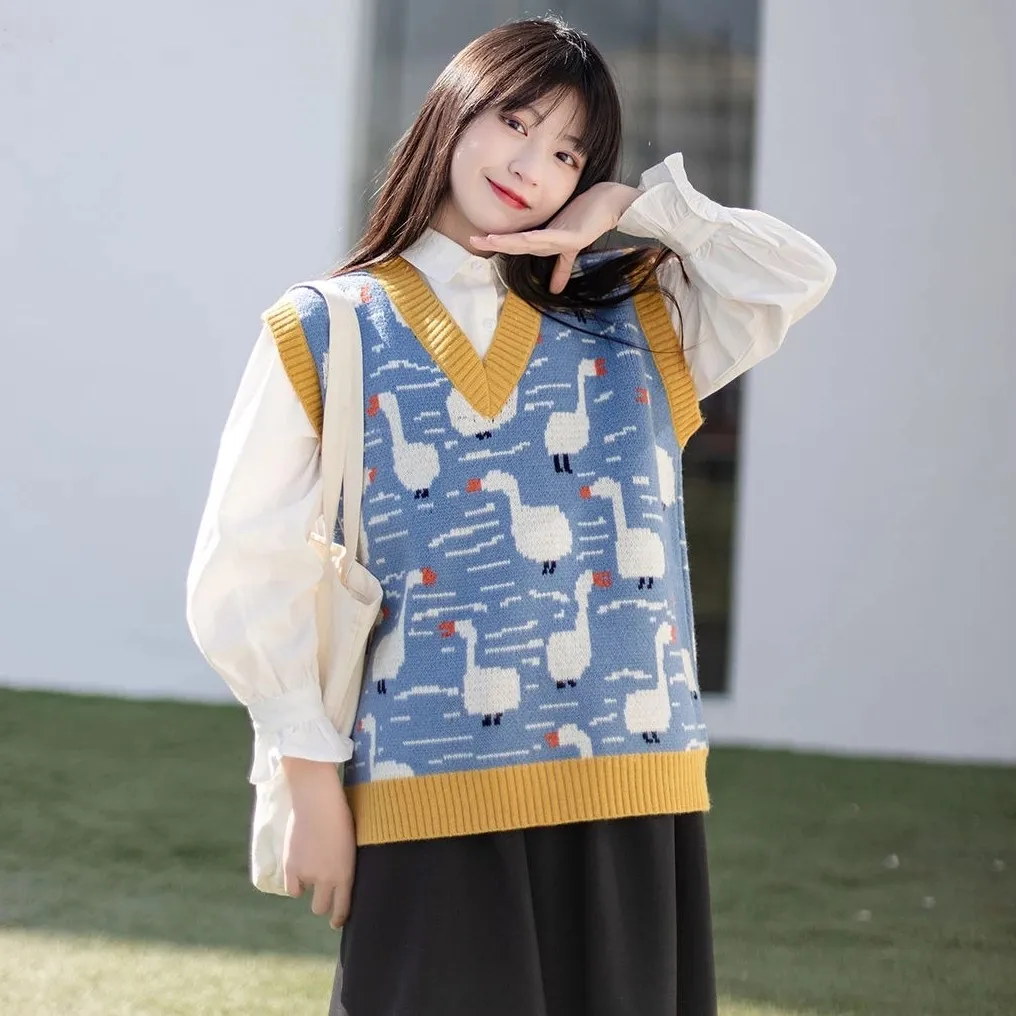 

Cartoon Kawaii Sweater Vests Women Spring Sweet Vintage Loose V-neck Panelled Fashion Sleeveless Knitwear All-match Outerwear