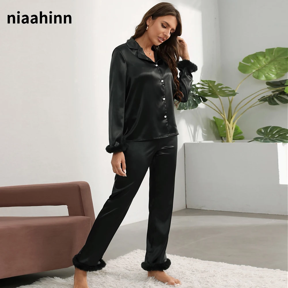 

Satin Pajamas for Women 2 Piece Sets Turn Down Collar Long Sleeved Tops Female Sets with Pants Solid Home Wear Casual Nightwear
