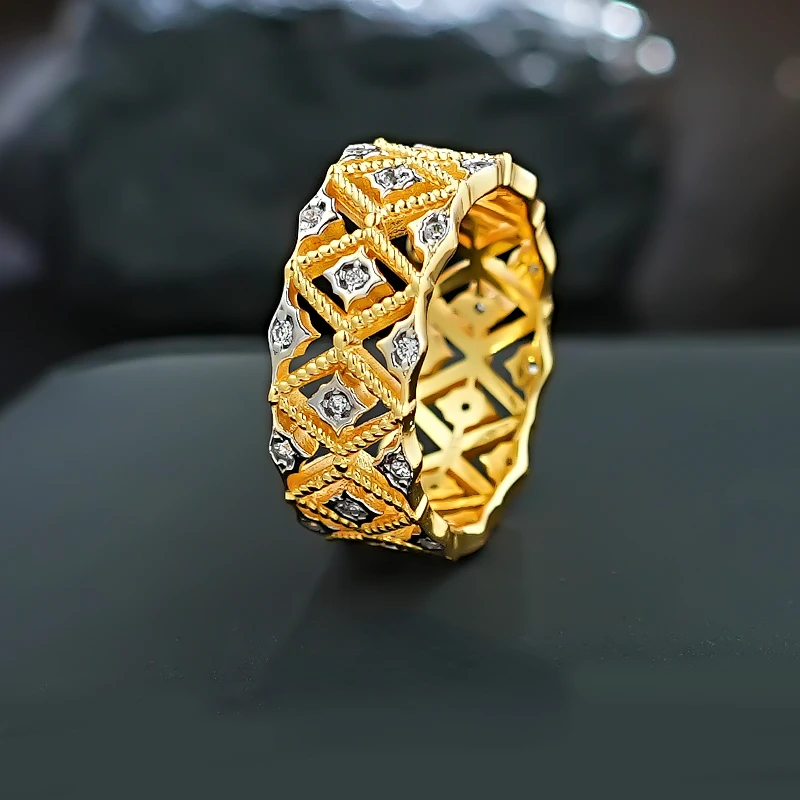 Итальянское резное Золотое кольцо Bujia с широкой пластиной из бриллиантов толстое