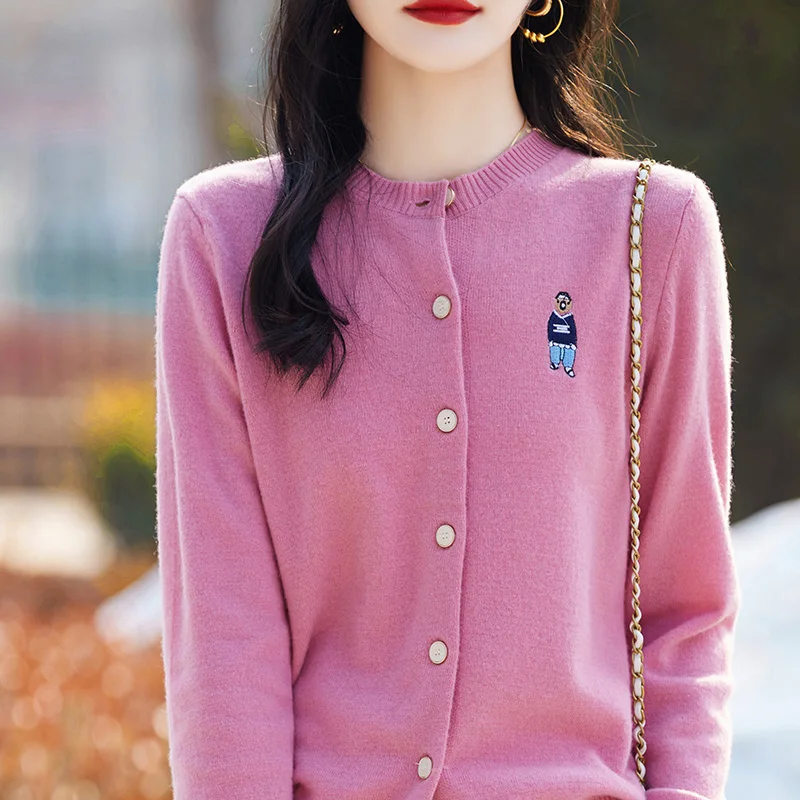 Женский шерстяной свитер с круглым вырезом Свободный вязаный кардиган из 100%-ной