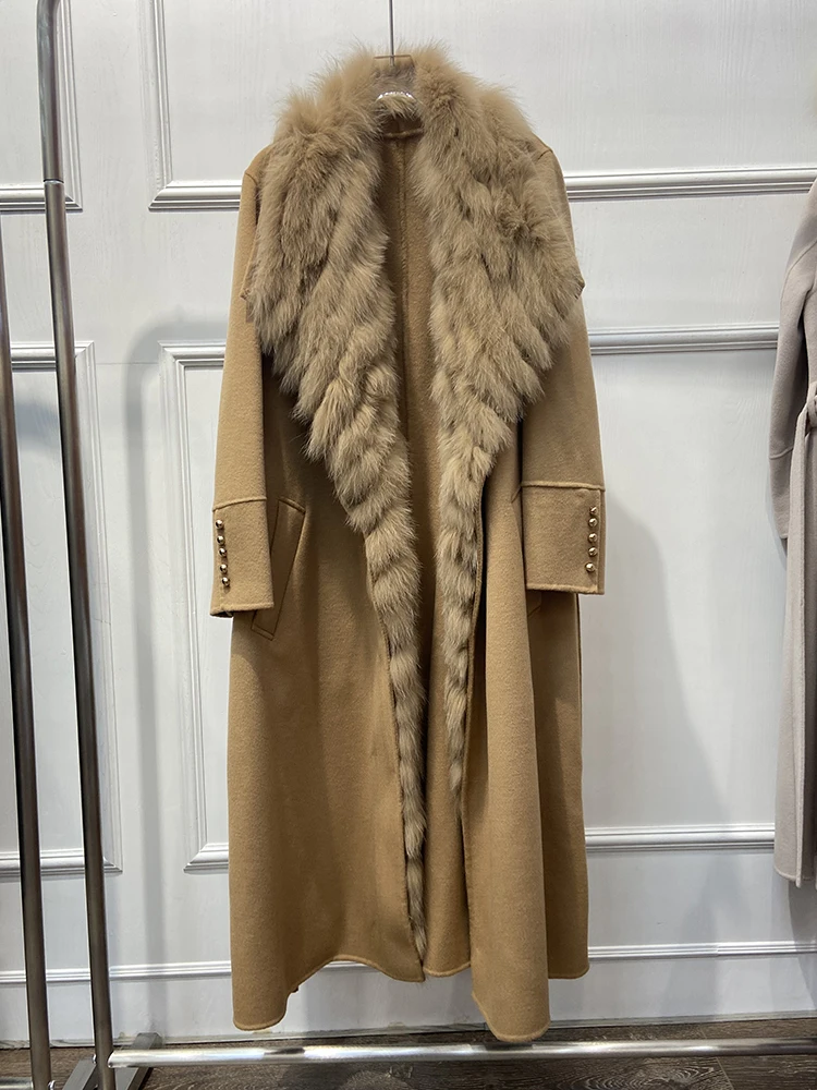 

2022 New Arrival Women Autumn Real Fox Fur Collar Long Loose Woolen Coat Female Wool Outerwear Jacket Long Woolen Coat