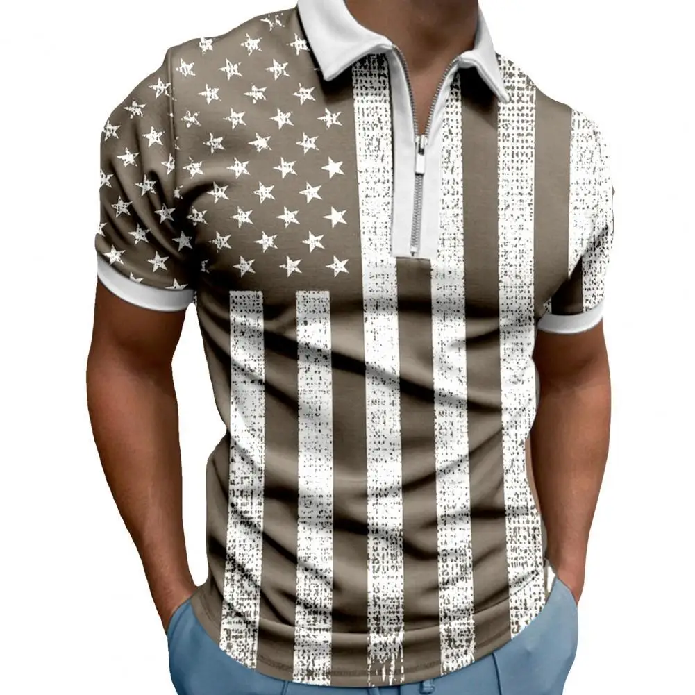 

Summer Men's Polo Shirt Turn-Down Collar Zipper Neck Men Shirt Short Sleeve US Flag Print Casual T-shirt Streetwear Male Clothes