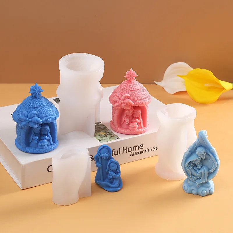

Holy Religion Nativity Silicone Candle Mold 3D Stone House Aromatherapy Plaster Soap Epoxy Crafts Casting Molud Baby Birth Gift
