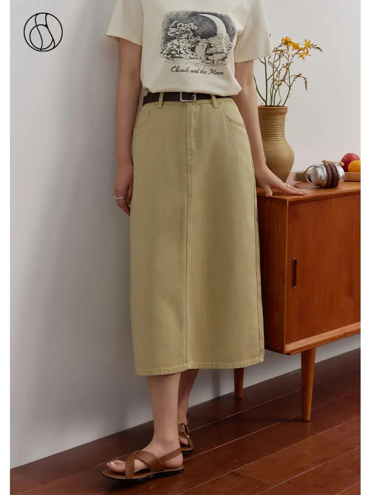 

DUSHU 100% Cotton Women Khaki Straight Denim Skirts Simple Spilt Design Women Skirt 2023 Summer Mid-Length Casual Bottom