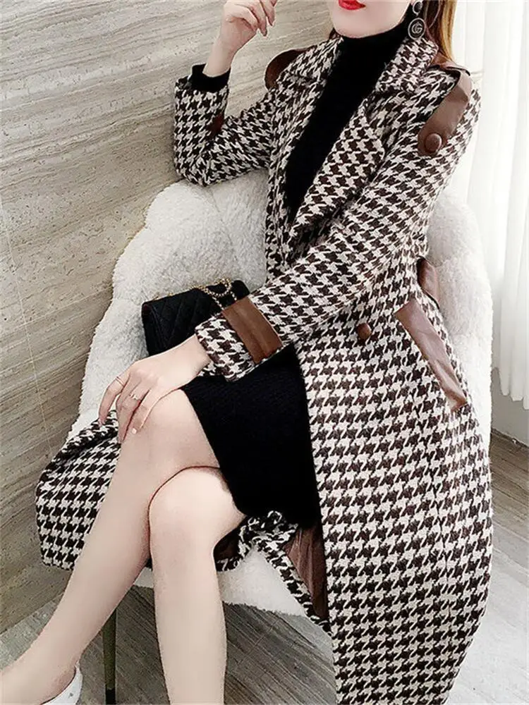 

Woman Long Plaid Woolen Coat Houndstooth Overcoat