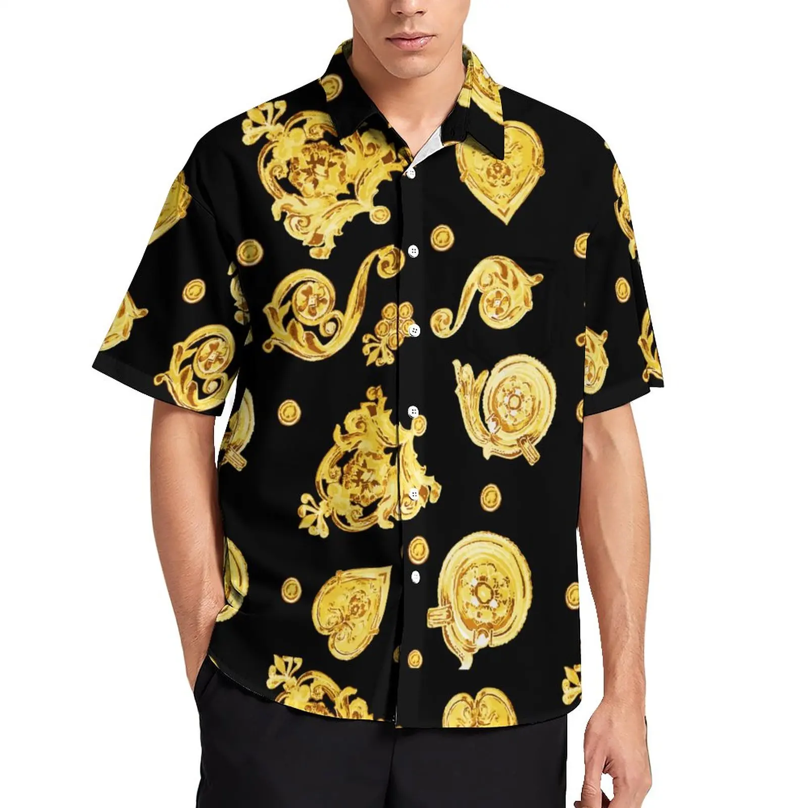 

Повседневная рубашка с металлическим золотом, Пляжная Свободная рубашка с металлическим принтом, Гавайские крутые блузки, дизайнерская од...
