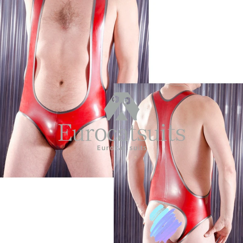 

latex bodysuit Men's rubber wrestle suit, open back or jock style back, contrast colour edge trim, 0.5mm medium weight latex