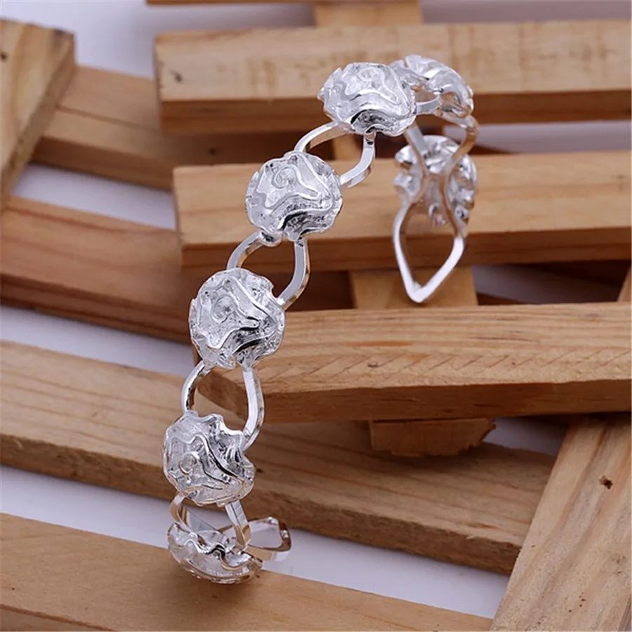 

Woman favorite 925 Stamp Silver color rose flower bangles Bracelets adjustable fine Jewelry Fashion Party Gifts Girl wedding