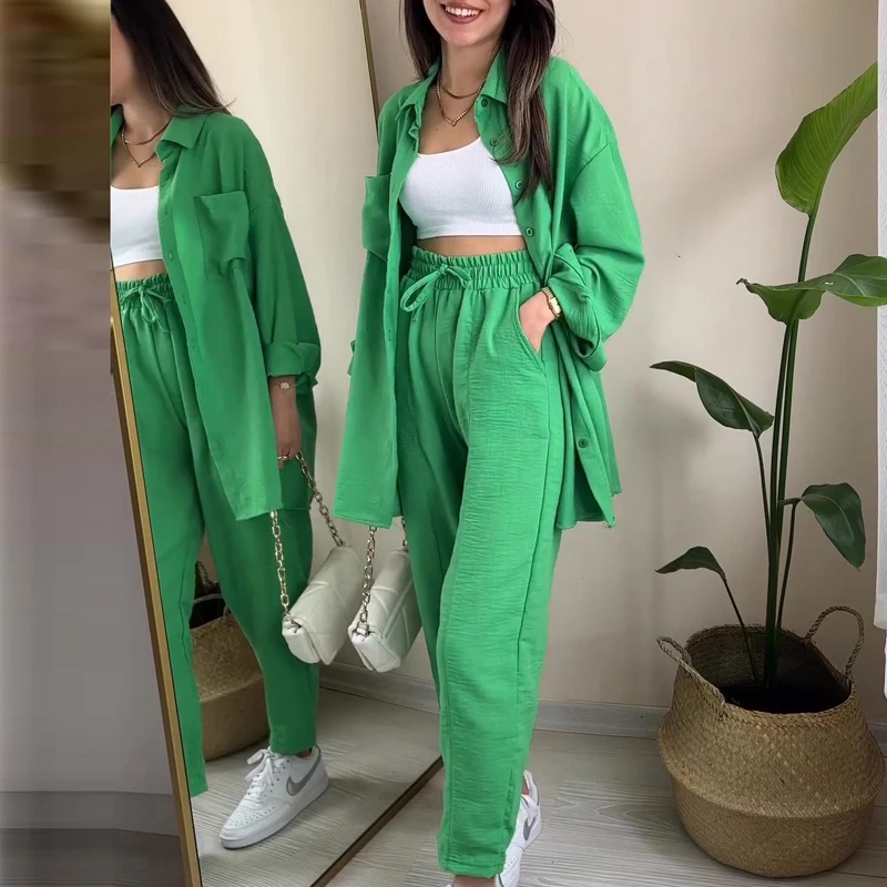 

Women Loose Solid Two Piece Set Fashion High Street Outfits Autumn New Simple Casual Lapel Button Shirt+Lace Up Long Pants Suits