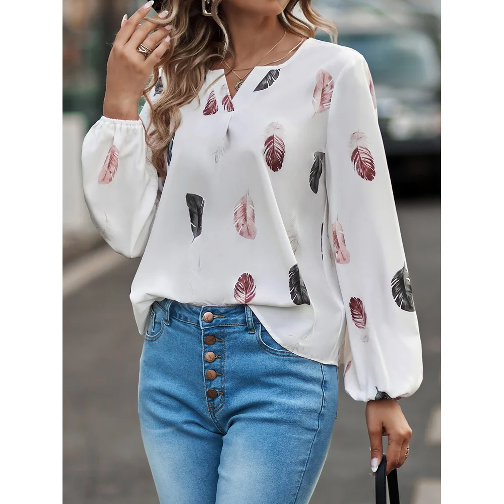 Women's Spring And Summer 2023 New Sexy V-Neck Feather Print Top Fashion Long Sleeve Loose Plus Size Pullover Elegant T-Shirt