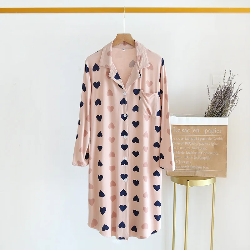 Modal Soft Nightshirt Button Down Sleepshirt Long Sleeves Boyfriend Nightgown Women Mid-Calf Length Print Sleepwear Pajama Dress