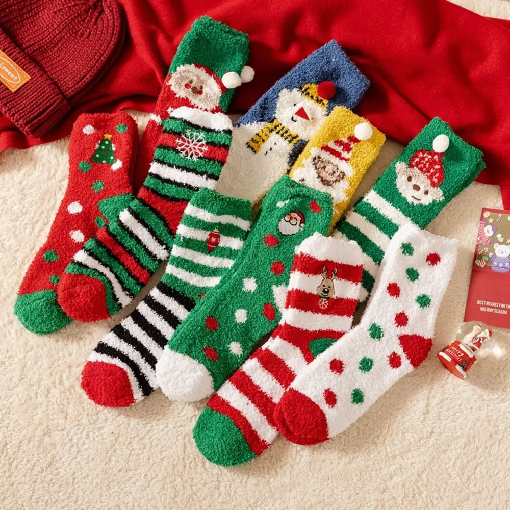 

Рождественские бархатные носки кораллового цвета, зимние пушистые носки, женские милые носки средней длины с Санта-Клаусом, оленем, утеплен...
