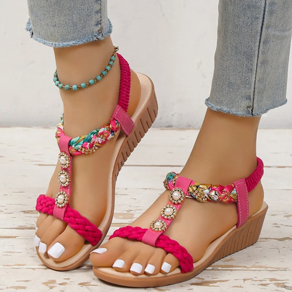 

Сандалии женские с принтом, легкие босоножки в римском стиле, с эластичным ремешком, летняя обувь на танкетке