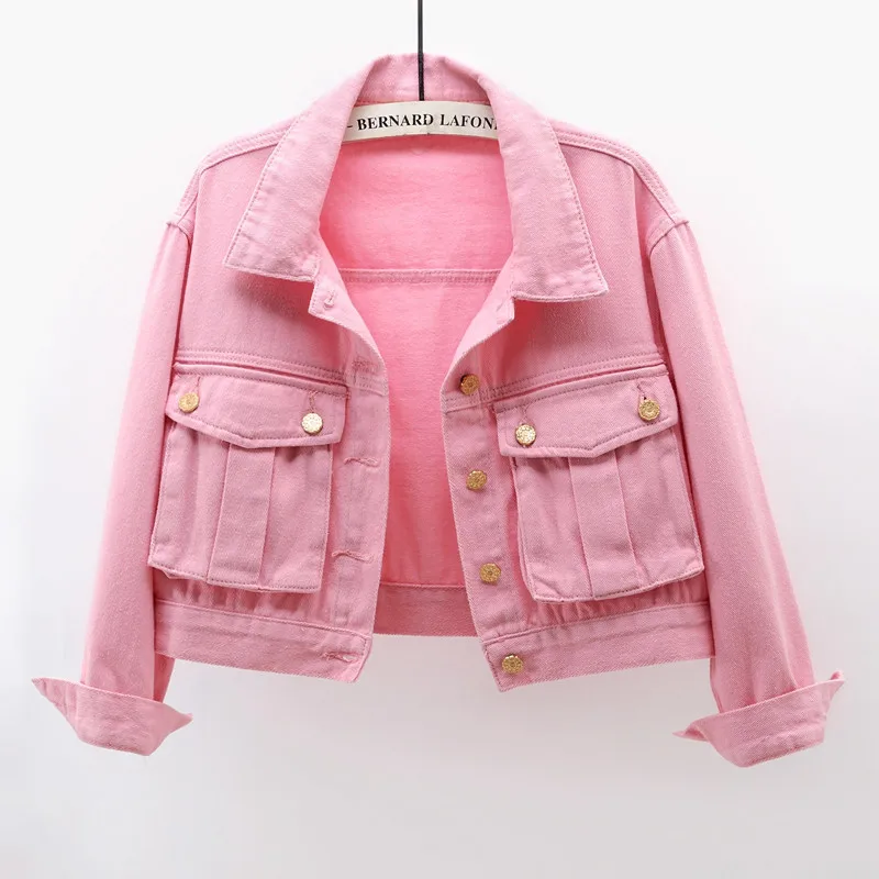 

Spring Autumn Fashion Pink Big Pocket Denim Jacket Women Student Cowboy Outerwear Casual Loose Short Jeans Jacket Coat Female