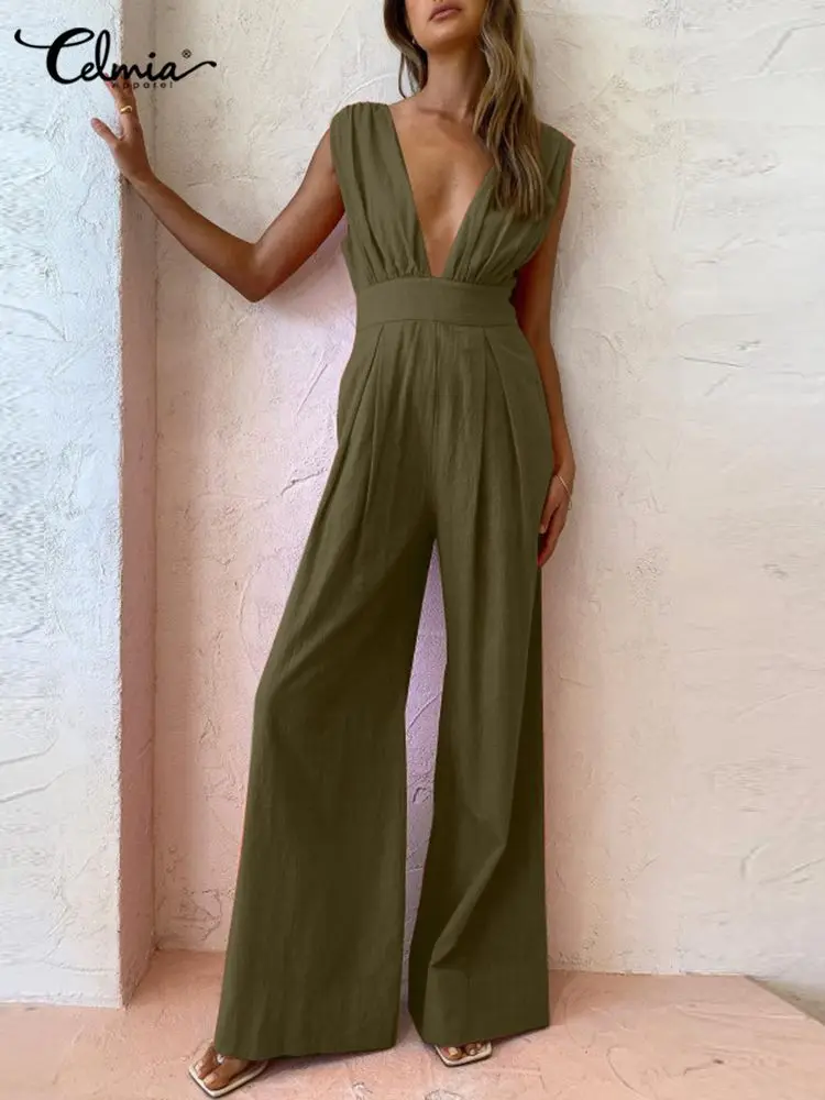 

Комбинезон женский плиссированный с широкими штанинами и глубоким V-образным вырезом