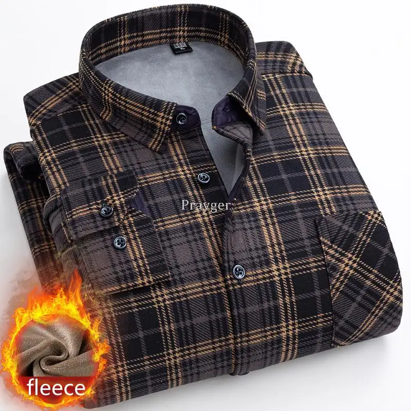 Men Winter Thermal Shirts Warm Fleece Underwear Plaid Flannel Social Thick Tops Long Sleeves Clothes