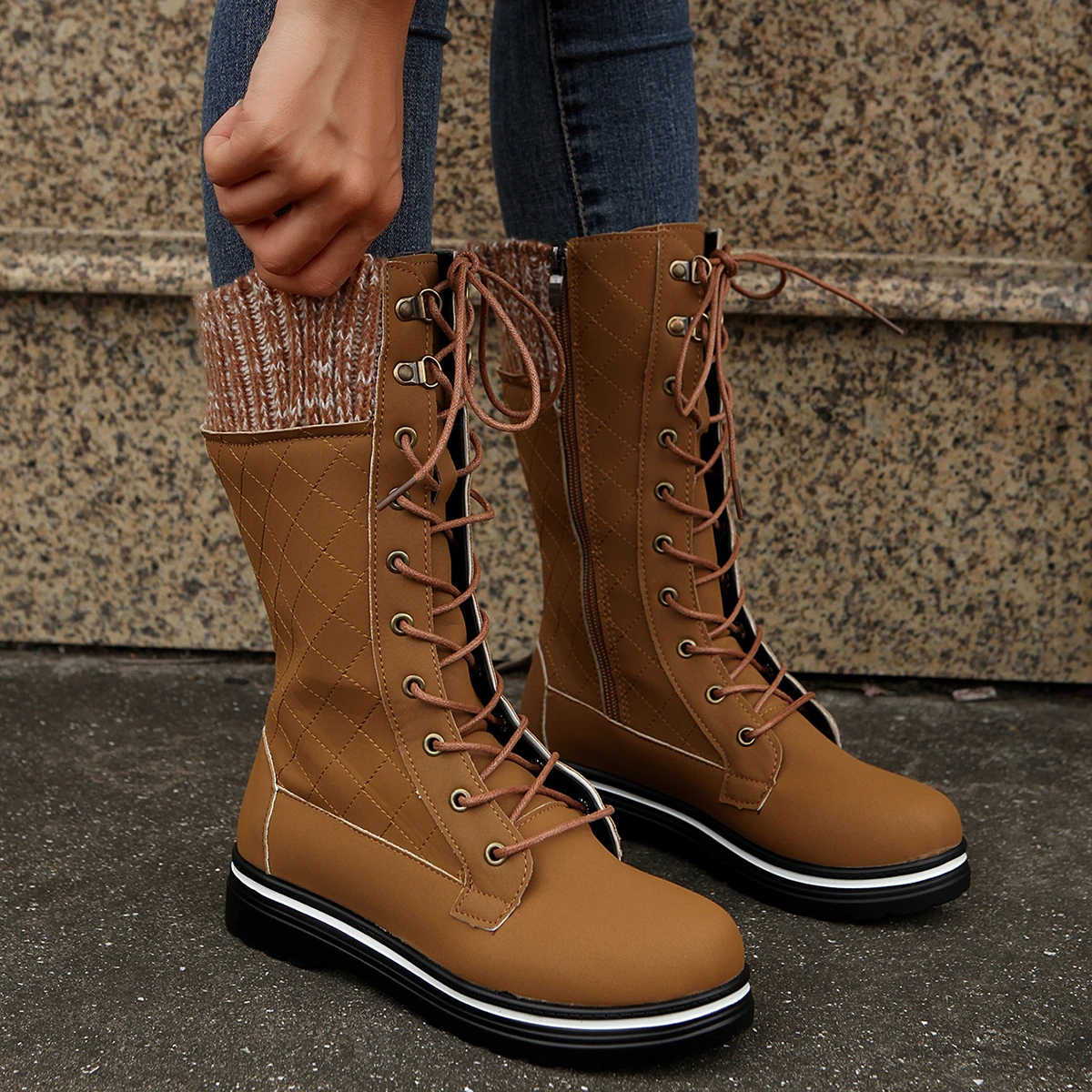 

2023 NEW Women's Winter Side-pull Lace-up Knitted Mid-tube Boots Low-heeled Round-toe Boots Winter Warm Boots Botas De Mujer