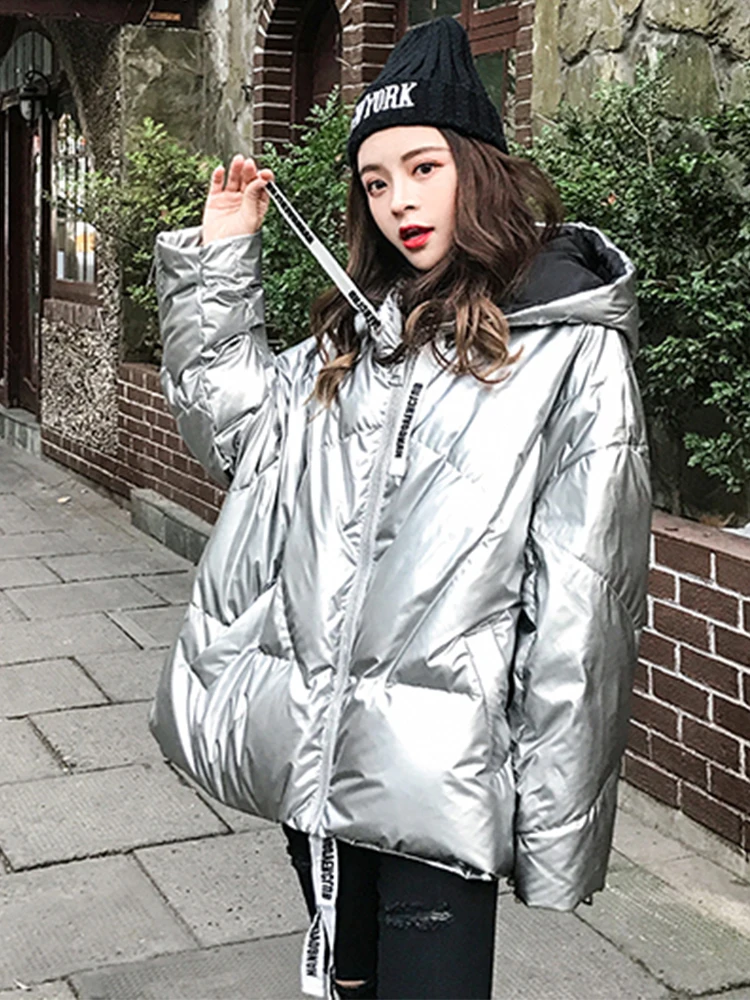 

Winter Fashion Glossy Bright Parka Women's Hooded Coat Female Zip Jacket Large Size Loose Warm Thick Parka Women Jacket