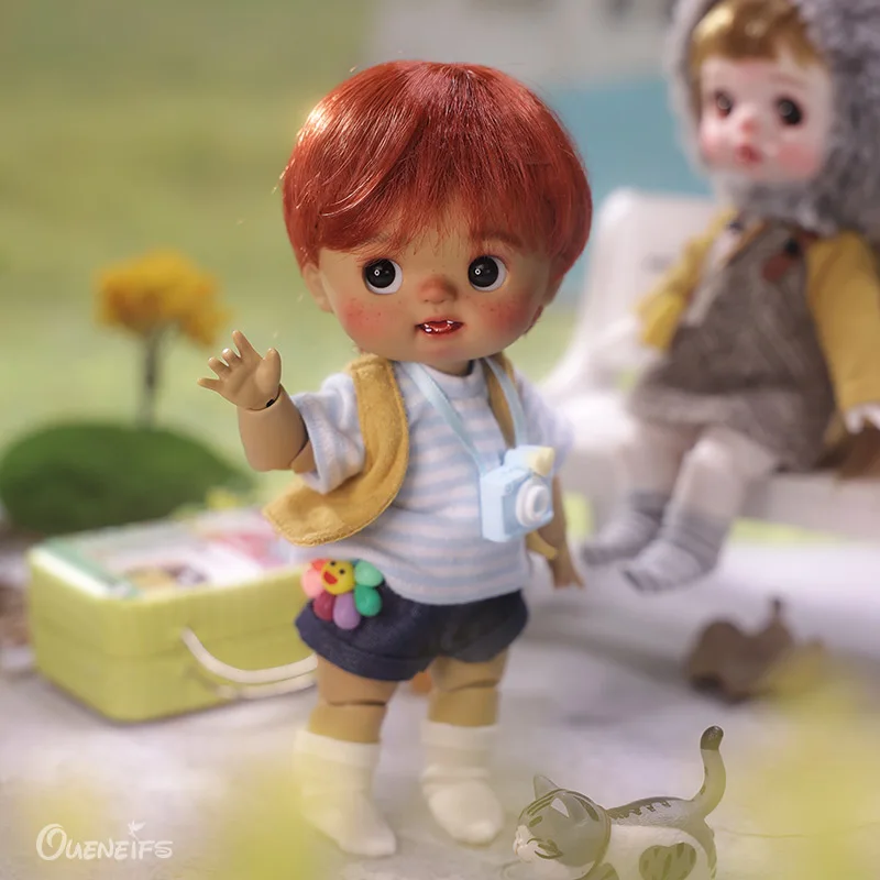 Tan Skin Color Glod 1/8 BJD Boy Doll Fullset and Nude Striped Clothes Small Camera Resin Toys Surprise Gift Dolls