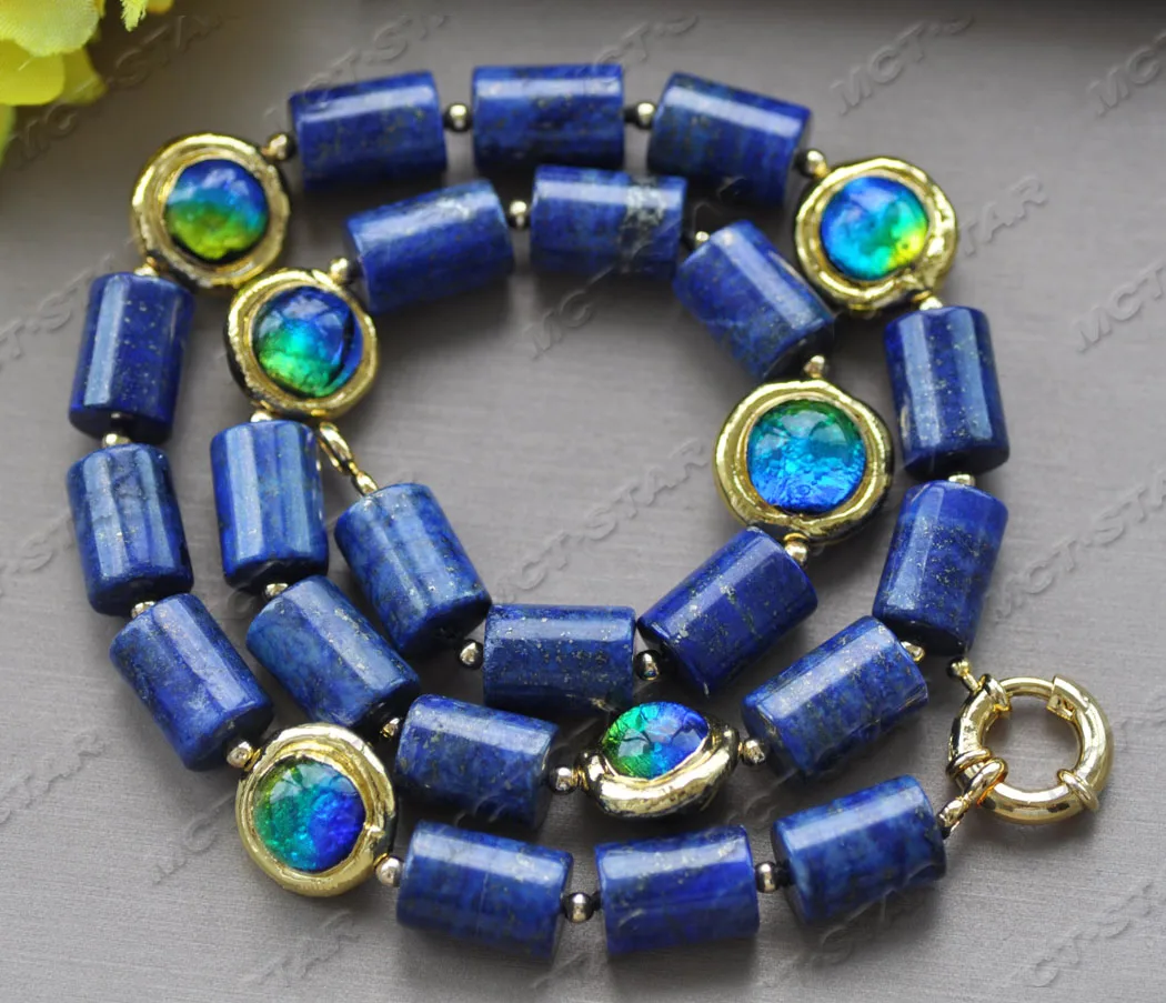

MCT·STAR Z12081 19" 15mm Gold-Plated Ancient Glass Blue Cylindrical Lapis Lazuli Necklace