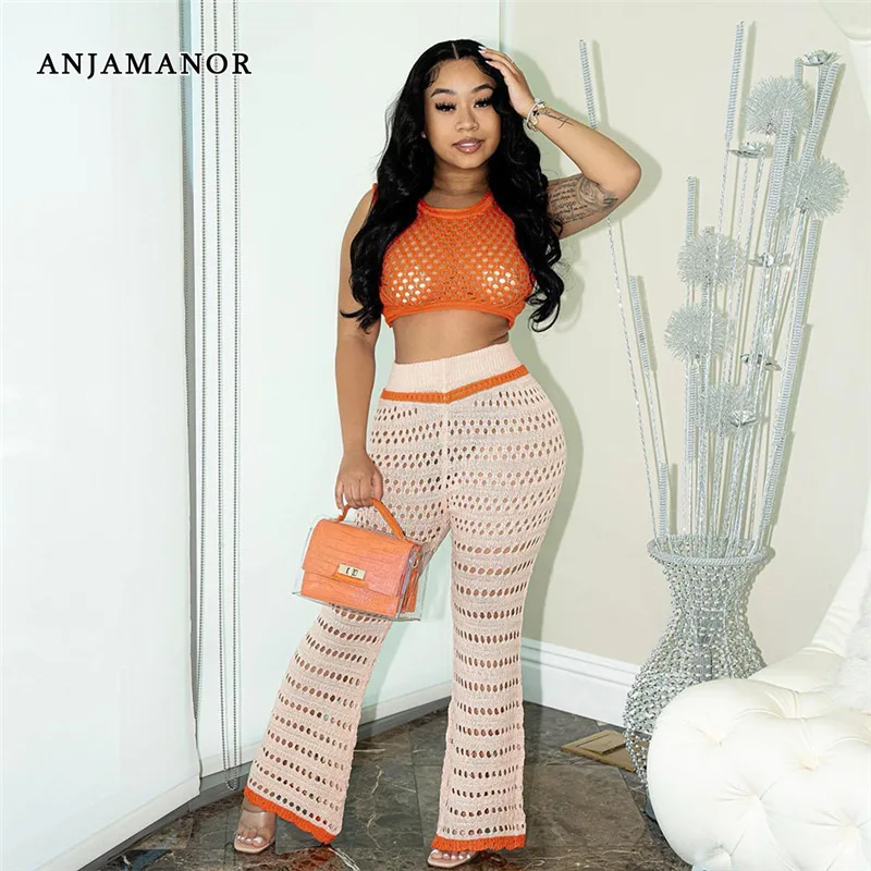 

ANJAMANOR Hollow Knit Sweater Elegant Two Piece Set for Women Fall Outfits See Through Crop Top and Flare Pants Sets D87-FC37