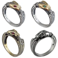 classic engraved domineering cobra snake texture inlaid red green crystal rhinestone copper ring for men party jewelry