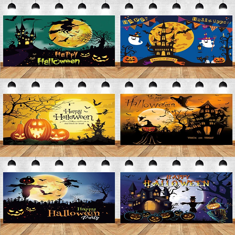 

Детский душ пользовательский фон с Хэллоуином тыква фонари замок Вечеринка Детский день рождения украшение стена Фотофон