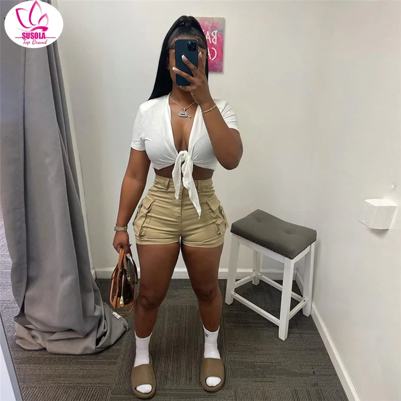 

SUSOLA Summer Hight Waist Pockets Shorts Women Casual Sexy Cargo Shorts Short Pants Street Trousers 2022 Women Shorts