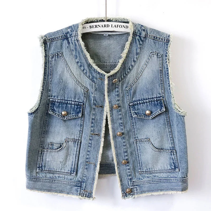 

2023 Spring Summer New Vintage Blue Denim Vest Women Short Casual Cowboy Waistcoat O Neck Sleeveless Vests Jeans Jacket Female