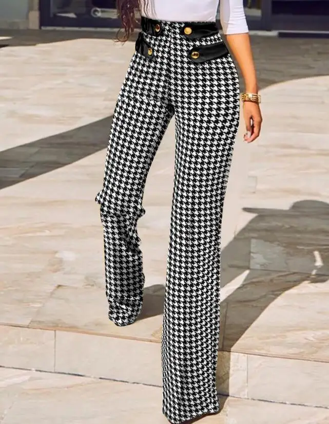 

Female Fashion Trouser Casual Bottom 2023 New Womens Pants Elegant Houndstooth Print Button Wide Leg Tailored High Waist Pants