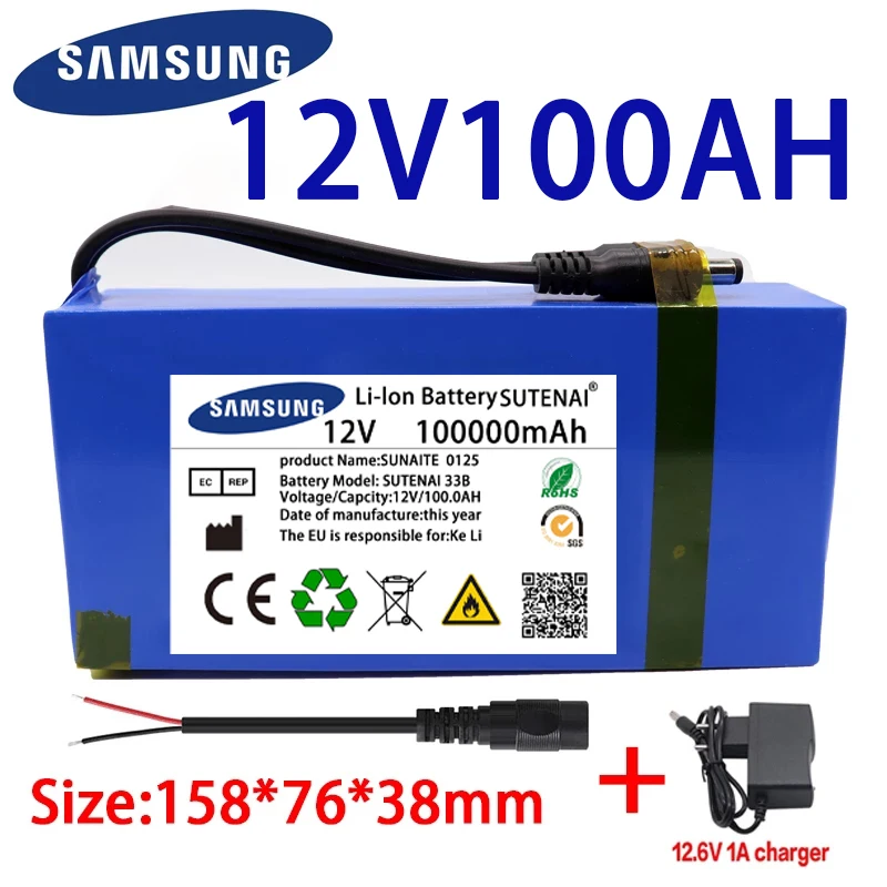 

100% New Portable 12v 100000mAh Lithium-ion Battery pack DC 12.6V50Ah battery With EU Plug+12.6V1A charger+DC bus head wire
