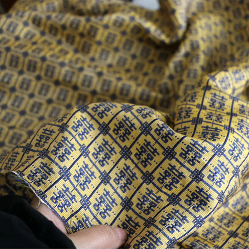 

NEW439 Yellow Dark Blue Delicate Vintage Chinese Characters-Wedding Happiness Denim Jacquard Fashion Fabric DIY Sewing Material