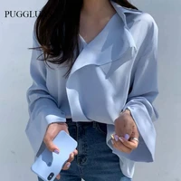 elegant v neck irregular shirt early spring gentle ruffle design long sleeve blouse solid color all match shirts women blusas