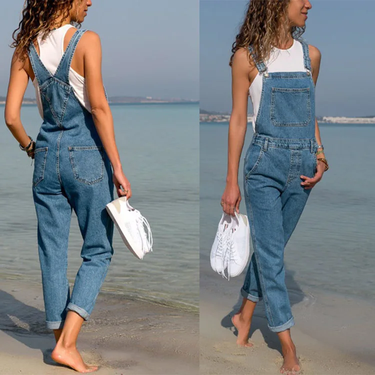 Women's Sleeveless Denim Jumpsuit Multi-Pocket Long Bodysuit Solid Color Single Piece Clothes Casual Outfits Streetwear Summer