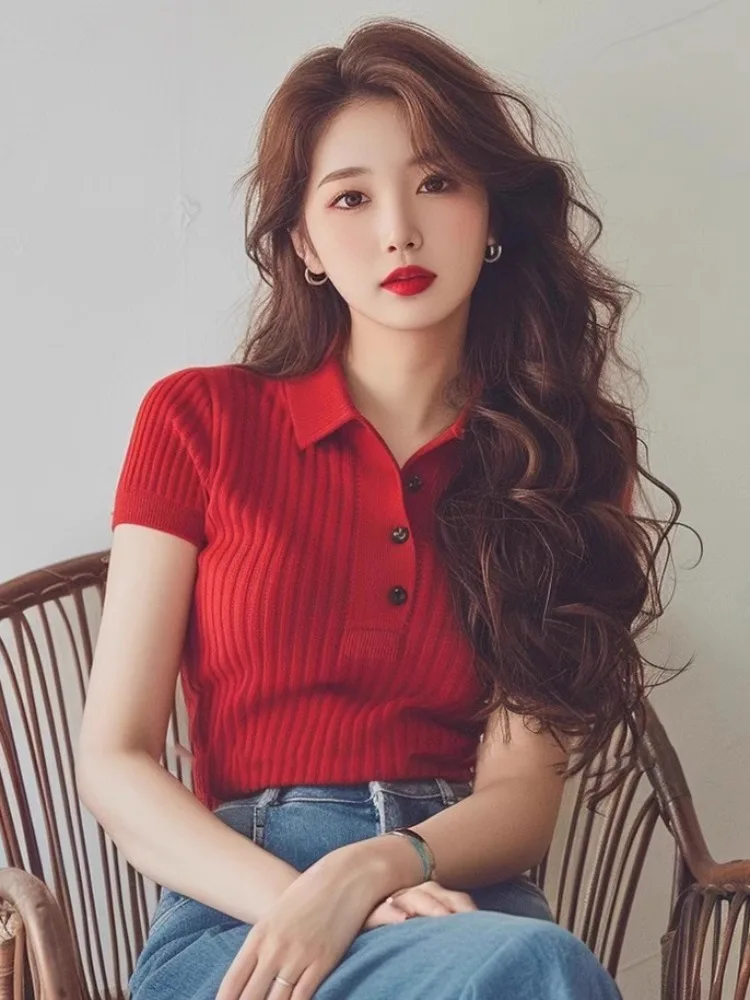Red Polo Collar Ice Silk Short sleeve knit Women Design Sense Unique Chic Slim fit Early Autumn Chi Top