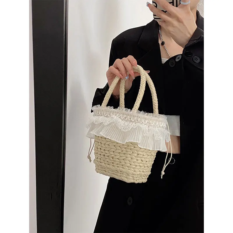 

Straw Bag White Lace Handbag Fashion Versatile Beach Vacation Oblique Span Bucket Bag Handbags for Women Women's Bag 2022 Trend