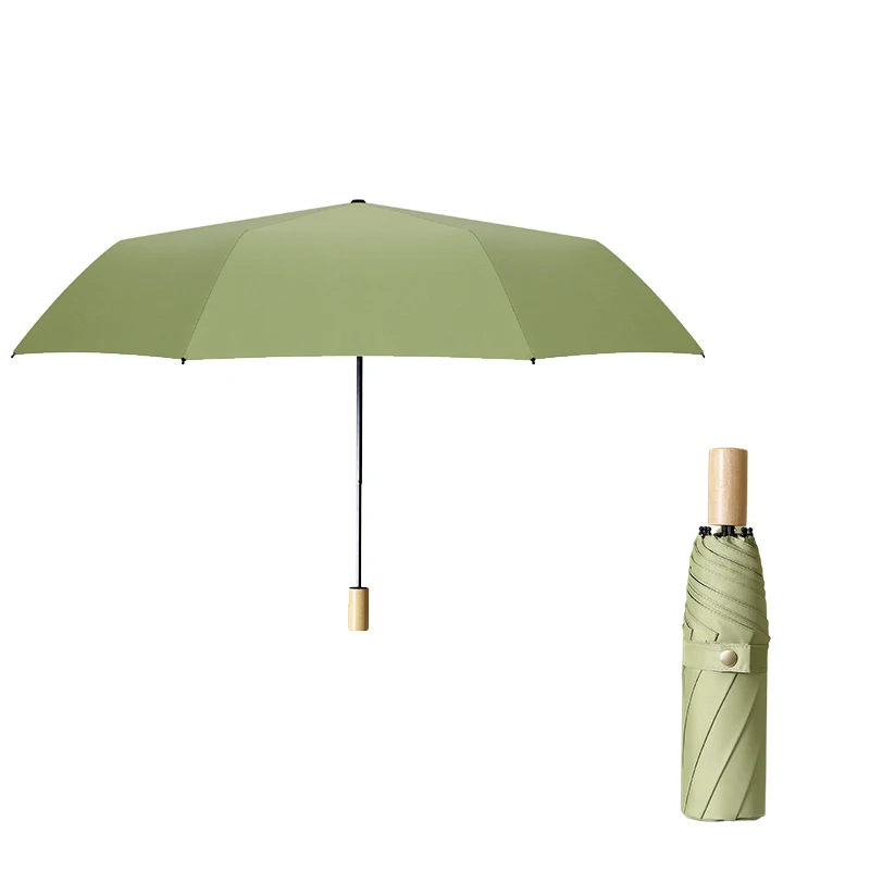 Manual Wooden Handle Three-fold Umbrella Solid Color Black Glue Sunscreen UV Protection Rain and Shine Dual-use Umbrella