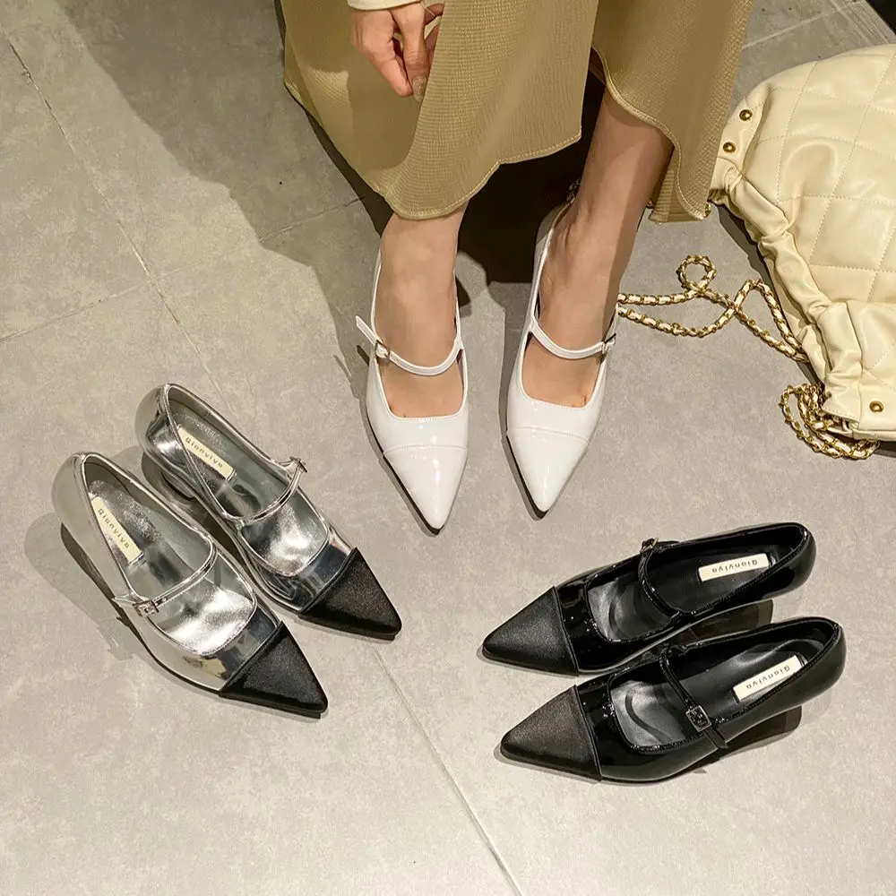 

Туфли-лодочки женские с острым носком, модные элегантные, с ремешком и пряжкой, на толстом высоком каблуке, для офиса, свадьбы, черные, серебр...