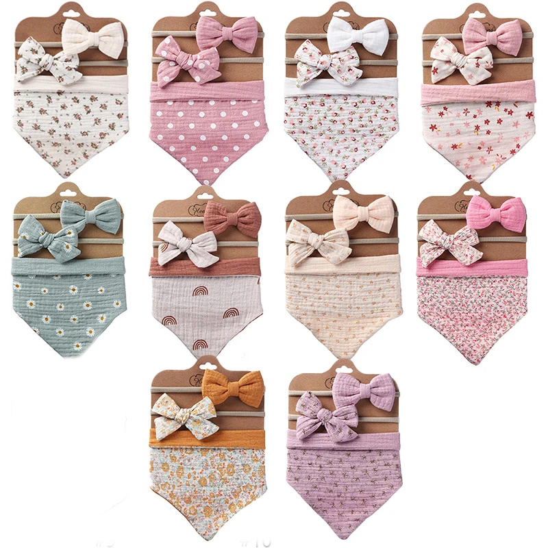 

3Pcs/Set Muslin Cotton Baby Bib Bow Headband Adjustable Button Triangle Saliva Towel Print Infant Boy Girl Feeding Burp Cloth
