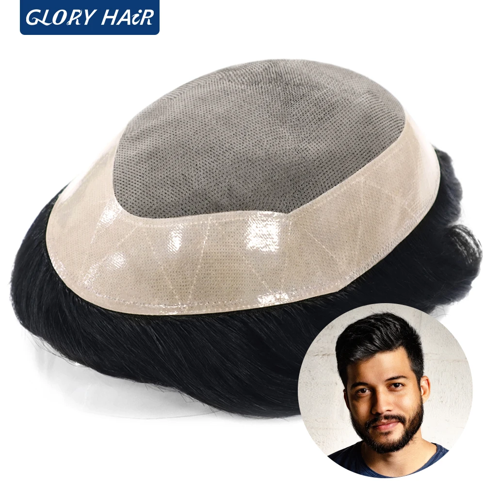 GLORYHAIR - 6 Inches Men's Capillary Prosthesis Durable Human Hair Mono Toupee Wig for Men