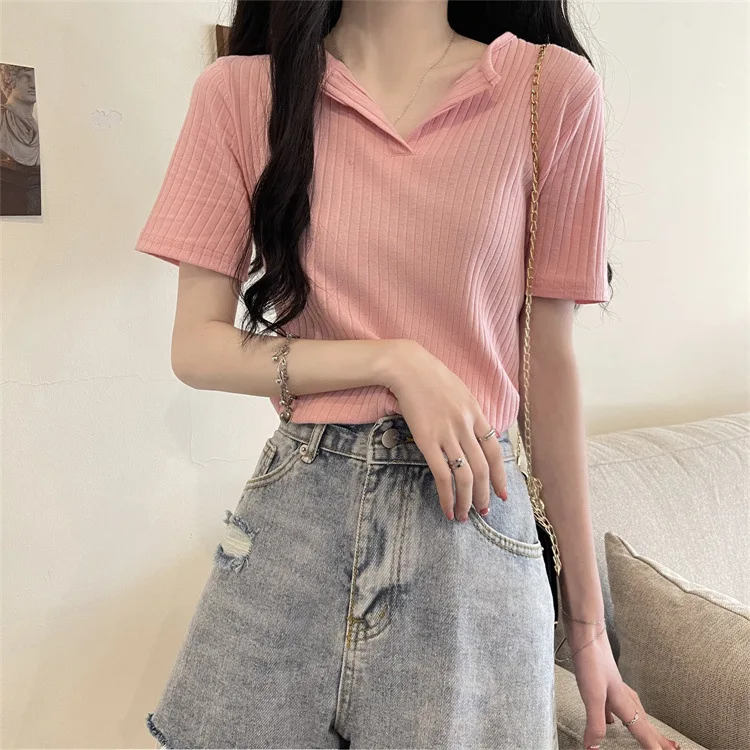 

2022 Summer T-Shirt Casual Solid Color Lapel Short Sleeves grey