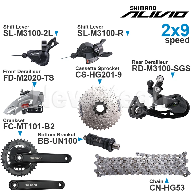 SHIMANO-Grupo de velocidades ALIVIO M3100, 2x9, con palanca de cambios trasera y desviador delantero M2020, HG200, HG201, Piñón de Cassette, cadenas COG