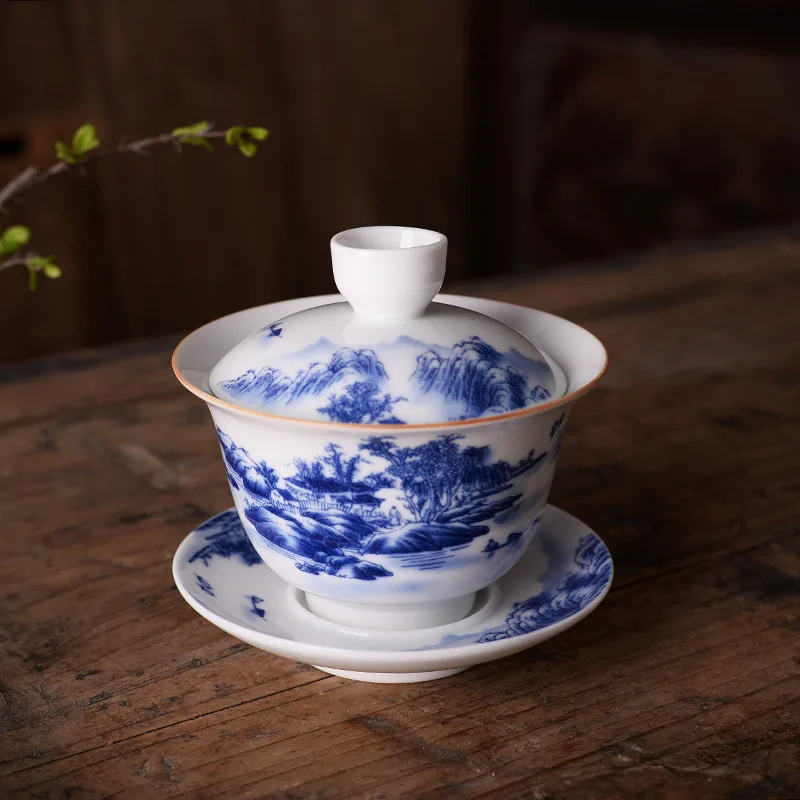 

Chinese Hand Painted Gaiwan Ancient Ceramic Oolong Soup Tureen Elegant Gaiwan Under Glaze Porcelain Tureen Tea Accessories