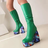 ladys sexy high heel knee high boots mixed color print platform fashion women shoes autumn winter big size 43 side zip