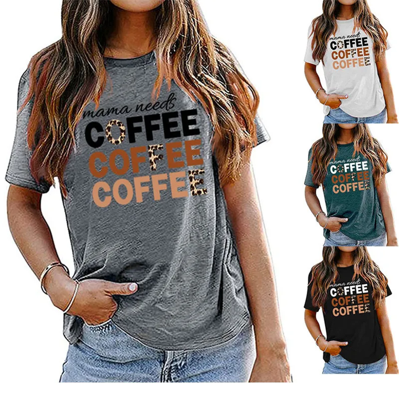 Summer Fashion Women's Short Sleeve T-Shirt Mama Needs COFFEE Letter Casual Crew Neck Knit Cotton Vintage Top